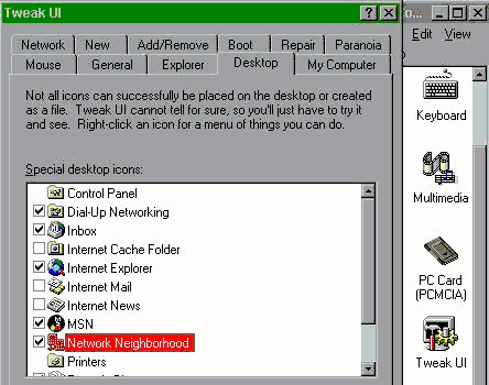 Control Panel / Tweak UI / DeskTop / Check Mark Next to Network Neighborhood