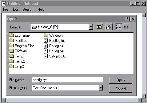 Use notepad to edit config.sys